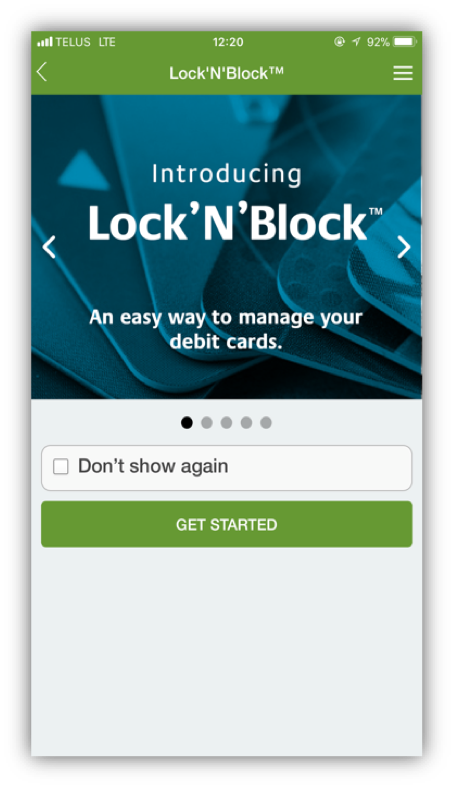 LockNBlock landing screen with a get started button and option to skip screen in future